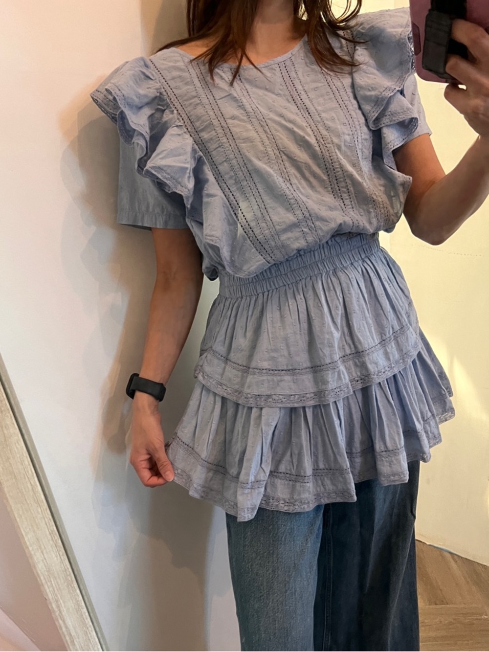 LoveShackFancy Light Blue Ruffle Tiered Peplum Dress S